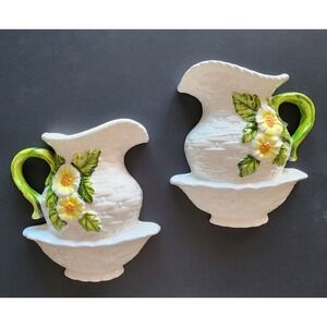 Vintage Lefton Wall Pockets Daisy with Basketweave Cottage Wall Hanging Set